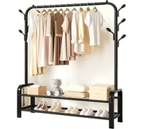 Напольная вешалка для одежды, вещей и обуви URM стальная, 2 полки, 1 перекладина, 7 крючков, 150x125x43 см, черная D00627