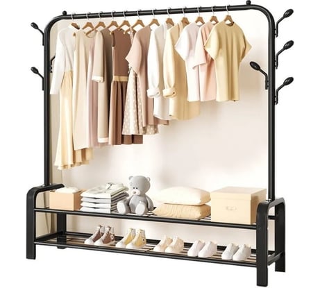 Напольная вешалка для одежды, вещей и обуви URM стальная, 2 полки, 1 перекладина, 7 крючков, 150x150x43 см, черная D00629