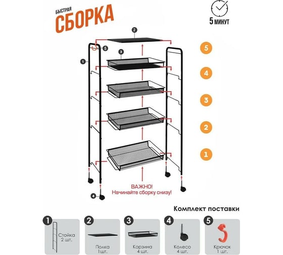 Этажерка ЗМИ Ладья 35 кс, мобильная на колесиках, графит Э 410 ГР