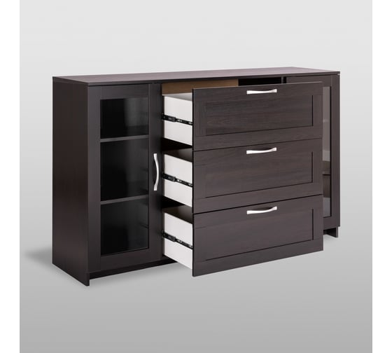 Тумба/комод Шведский Стандарт СИРИУС 2 двери со стеклом и 3 ящика, 156x41x94 см, черная, дуб венге 2.02.03.370.5