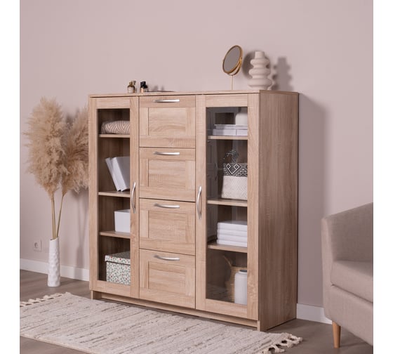Тумба/комод Шведский Стандарт СИРИУС 2 двери со стеклом и 4 ящика, 117x41x123 см, бежевая, дуб сонома 2.02.03.400.3
