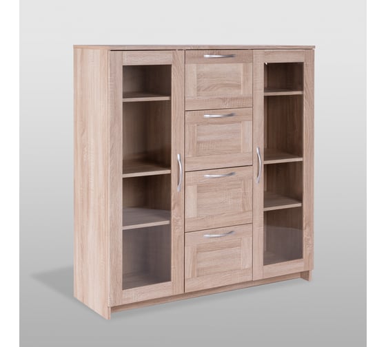 Тумба/комод Шведский Стандарт СИРИУС 2 двери со стеклом и 4 ящика, 117x41x123 см, бежевая, дуб сонома 2.02.03.400.3