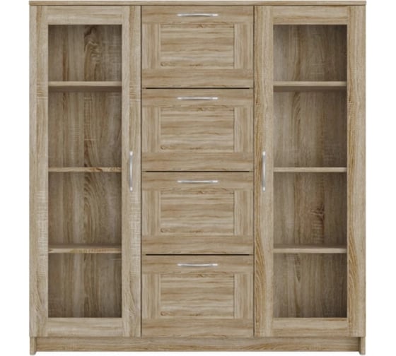 Тумба/комод Шведский Стандарт СИРИУС 2 двери со стеклом и 4 ящика, 117x41x123 см, бежевая, дуб сонома 2.02.03.400.3