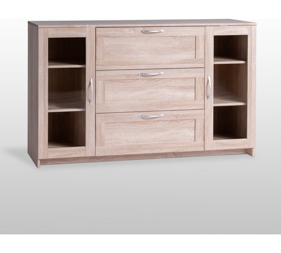 Тумба/комод Шведский Стандарт СИРИУС 2 двери со стеклом и 3 ящика, 156x41x94 см, бежевая, дуб сонома 2.02.03.370.3