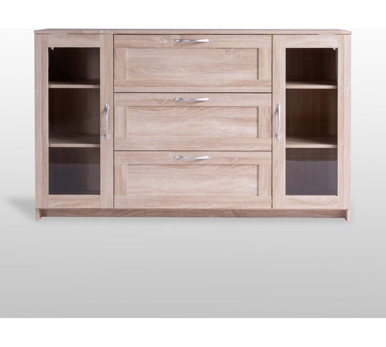 Тумба/комод Шведский Стандарт СИРИУС 2 двери со стеклом и 3 ящика, 156x41x94 см, бежевая, дуб сонома 2.02.03.370.3
