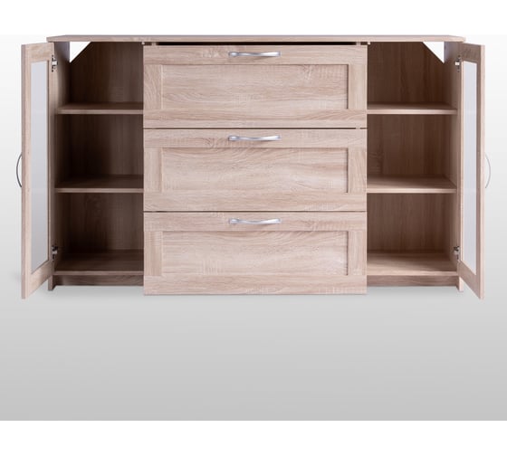 Тумба/комод Шведский Стандарт СИРИУС 2 двери со стеклом и 3 ящика, 156x41x94 см, бежевая, дуб сонома 2.02.03.370.3