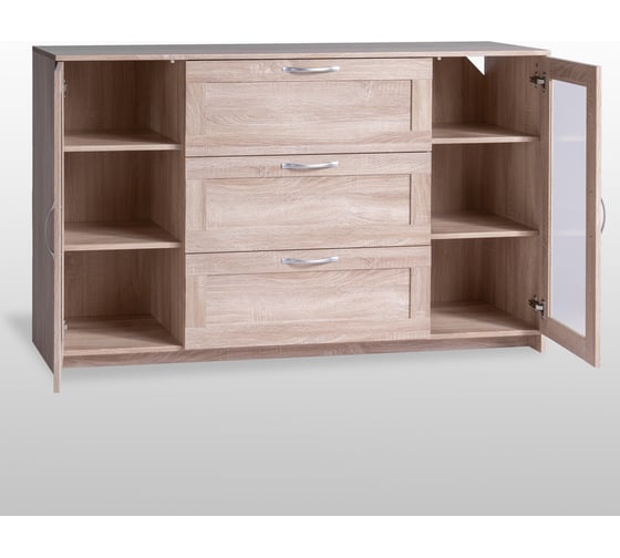 Тумба/комод Шведский Стандарт СИРИУС 2 двери со стеклом и 3 ящика, 156x41x94 см, бежевая, дуб сонома 2.02.03.370.3