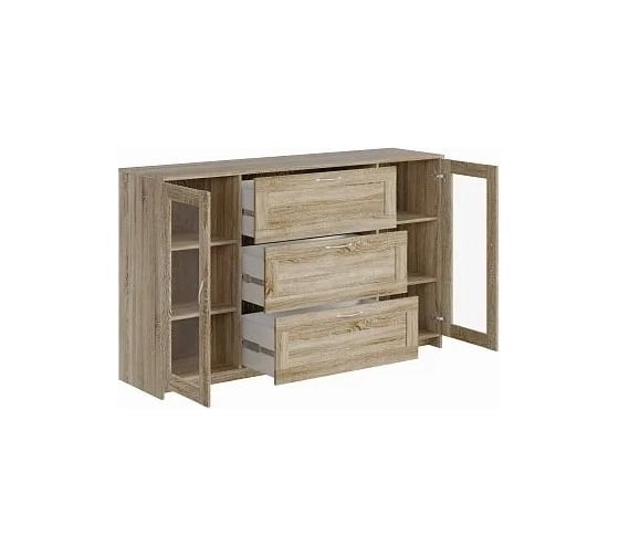 Тумба/комод Шведский Стандарт СИРИУС 2 двери со стеклом и 3 ящика, 156x41x94 см, бежевая, дуб сонома 2.02.03.370.3