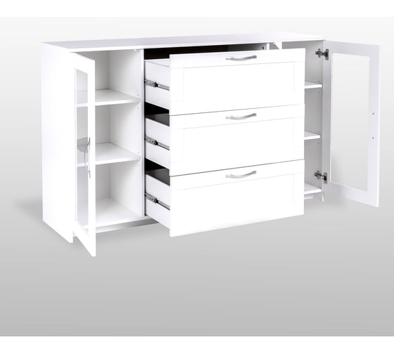 Тумба/комод Шведский Стандарт СИРИУС 2 двери со стеклом и 3 ящика, 156x41x94 см, белая 2.02.03.370.1