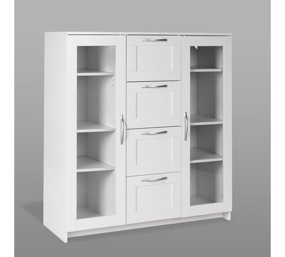 Тумба/комод Шведский Стандарт СИРИУС 2 двери со стеклом и 4 ящика, 117x41x123 см, белая 2.02.03.400.1