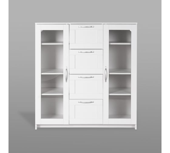 Тумба/комод Шведский Стандарт СИРИУС 2 двери со стеклом и 4 ящика, 117x41x123 см, белая 2.02.03.400.1