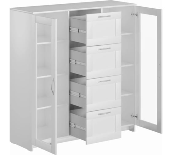 Тумба/комод Шведский Стандарт СИРИУС 2 двери со стеклом и 4 ящика, 117x41x123 см, белая 2.02.03.400.1