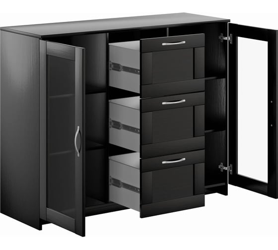 Тумба/комод Шведский Стандарт СИРИУС 2 двери со стеклом и 3 ящика, 117x41x94 см, черная, дуб венге 2.02.03.380.5