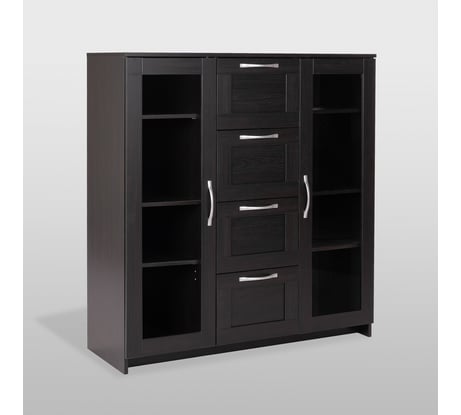 Тумба/комод Гуд ЛАКК СИРИУС 2 двери со стеклом и 4 ящика, 117x41x123 см, черная, дуб венге 2.02.03.400.5