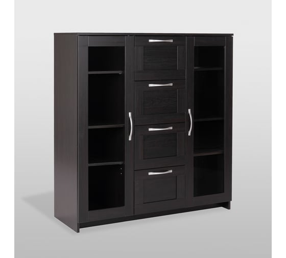 Тумба/комод Шведский Стандарт СИРИУС 2 двери со стеклом и 4 ящика, 117x41x123 см, черная, дуб венге 2.02.03.400.5