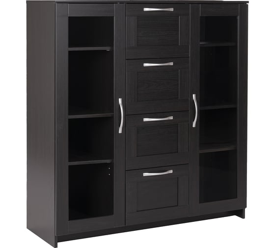 Тумба/комод Шведский Стандарт СИРИУС 2 двери со стеклом и 4 ящика, 117x41x123 см, черная, дуб венге 2.02.03.400.5