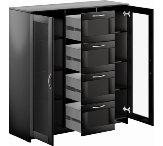 Тумба/комод Шведский Стандарт СИРИУС 2 двери со стеклом и 4 ящика, 117x41x123 см, черная, дуб венге 2.02.03.400.5