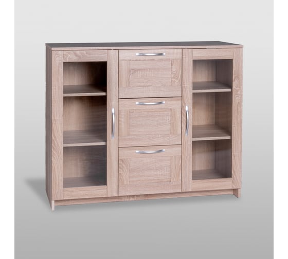 Тумба/комод Шведский Стандарт СИРИУС 2 двери со стеклом и 3 ящика, 117x41x94 см, бежевая, дуб сонома 2.02.03.380.3
