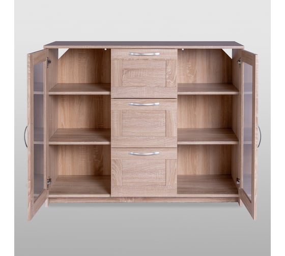 Тумба/комод Шведский Стандарт СИРИУС 2 двери со стеклом и 3 ящика, 117x41x94 см, бежевая, дуб сонома 2.02.03.380.3