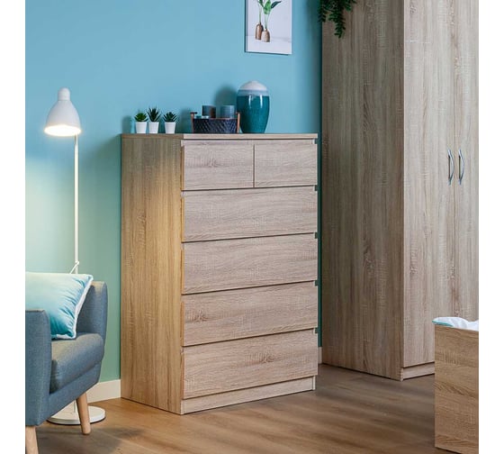Комод Шведский Стандарт МАЛЬТА 6 ящиков, 80x48x121 см, бежевый, дуб сонома 2.05.02.100.3