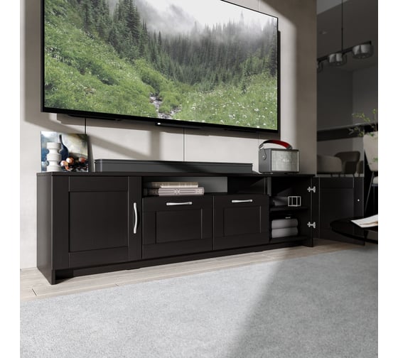 Тумба для ТВ Шведский Стандарт СИРИУС 2 двери и 2 ящика, 156x41x47 см, черная, дуб венге 2.02.03.330.5