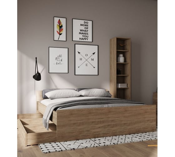 Кровать Шведский Стандарт ОРИОН двуспальная, 205x166x65 см, бежевая, дуб сонома 2.01.04.090.3