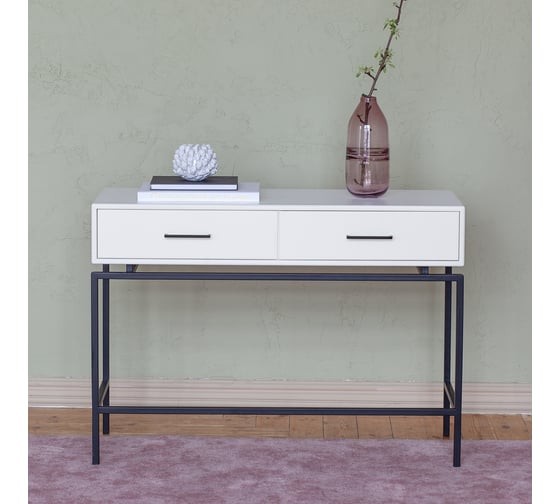 Консоль GreenWeen KARIN 1100x400x800, черный каркас, верх МДФ, цвет SNOW WHITE, 2 ящика GW-KONS-KARIN-1100B-SW