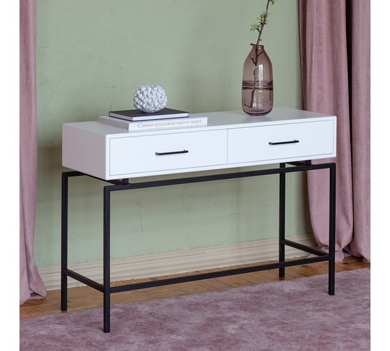 Консоль GreenWeen KARIN 1100x400x800, черный каркас, верх МДФ, цвет SNOW WHITE, 2 ящика GW-KONS-KARIN-1100B-SW