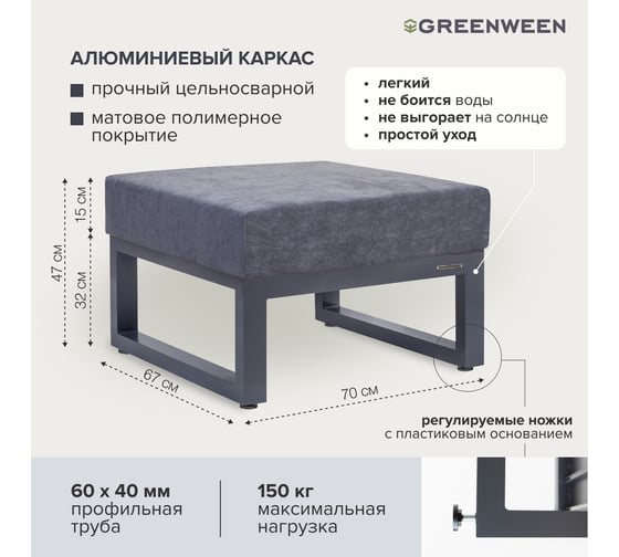 Пуф GreenWeen CAPRI 700x670x450, c подушкой, серый, алюминий GW-PUF-CAPRI-G