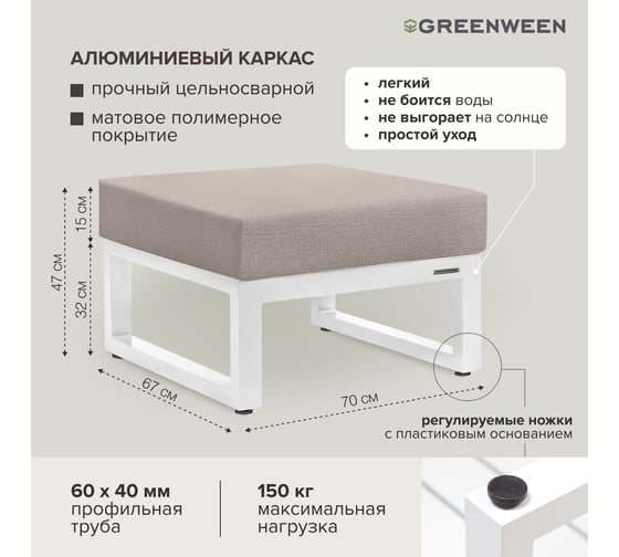 Пуф GreenWeen CAPRI 700x670x450, c подушкой, белый, алюминий GW-PUF-CAPRI-W