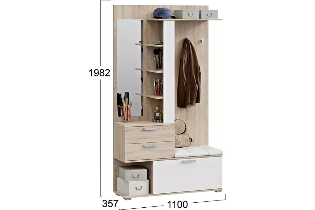 Эрика набор мебели для прихожей секция комбинированная с крючками и зеркалом дуб сонома белый