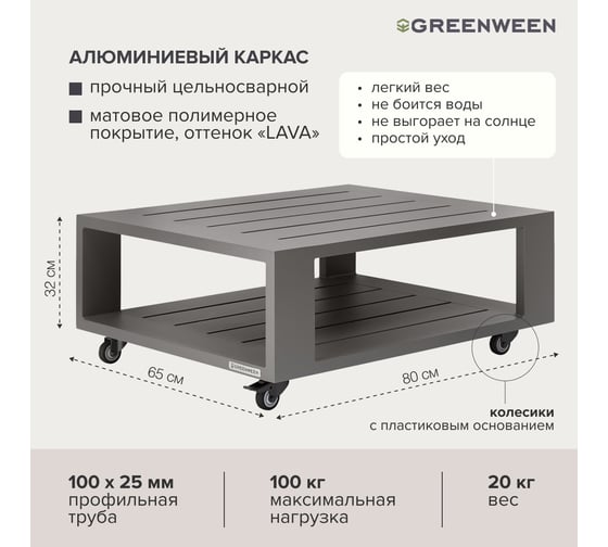 Уличный журнальный стол GreenWeen KORFU, каркас алюминий, цвет LAVA, 320x650x800 GW-AL-KORFU-TB-LAVA