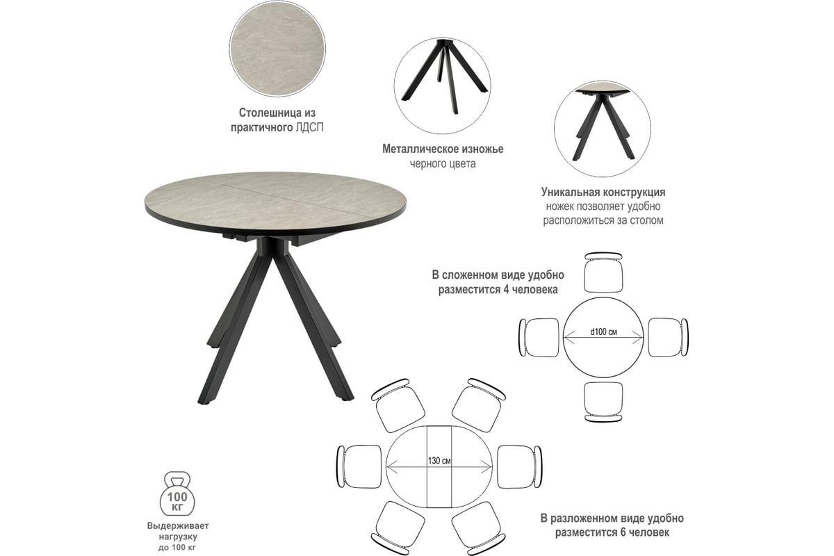 Круглый раскладной стол BRADEX rudolf 100-130x100x75 см, бетон слюда,  чёрный RF 0302 - выгодная цена, отзывы, характеристики, фото - купить в  Москве и РФ
