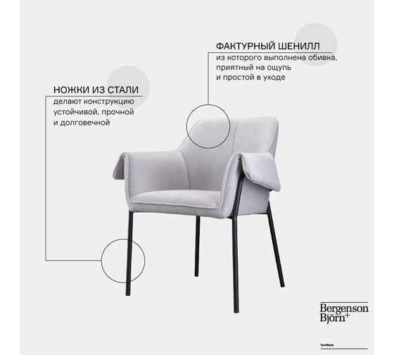Стул Bergenson Bjorn Aline, шенилл, светло-серый FH-ALN-ARMCH-PL-LGR