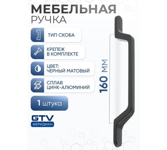 Ручка GTV FLAVIO 160 мм, черный матовый UZ-FLAVIO-160-20M