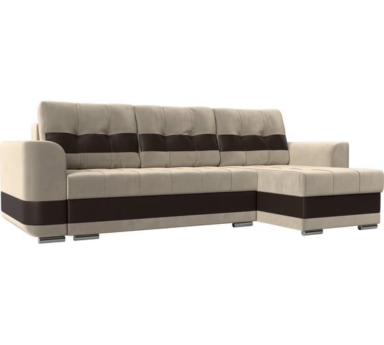 Угловой диван Лига диванов Честер правый основа микровельвет бежевый, компаньон экокожа коричневая 100015 1