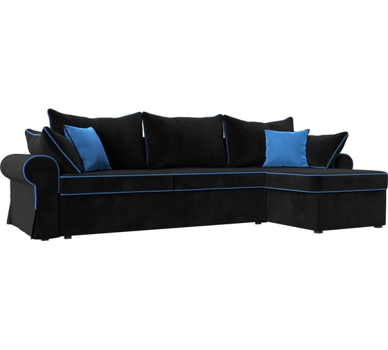 Угловой диван Лига диванов Элис правый полностью велюр черный, кант велюр голубой, подушки велюр ЧЕРН/черн/гол 31482 1