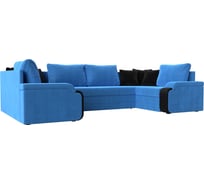 П-образный диван Лига диванов Николь полностью велюр голубой, вставка экокожа черная, подушки велюр голубый, декоративные подушки велюр черный 102980