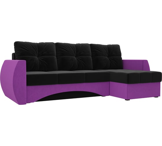 Угловой диван Лига диванов Сатурн правый основа микровельвет черный, компаньон микровельвет фиолетовый 101058 1