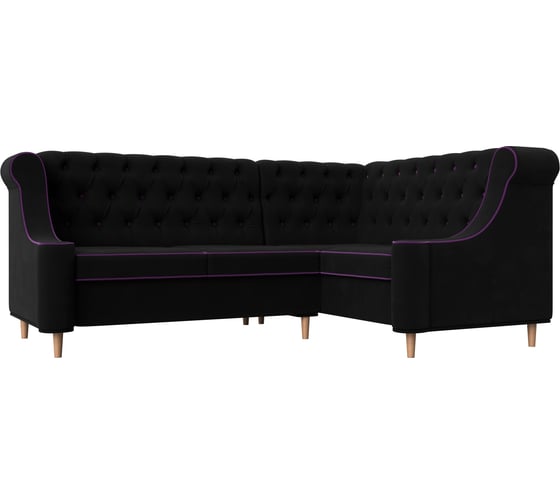 Угловой диван Лига диванов Бронкс угол правый полностью микровельвет черный, кант микровельвет фиолетовый 104579 1