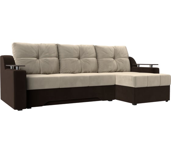 Угловой диван Лига диванов Сенатор правый основа микровельвет бежевый, компаньон микровельвет коричневый 102690 1