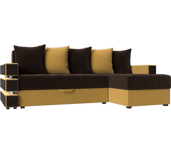 Угловой диван Лига диванов Венеция правый основа микровельвет коричневый, компаньон микровельвет желтый 108442 1