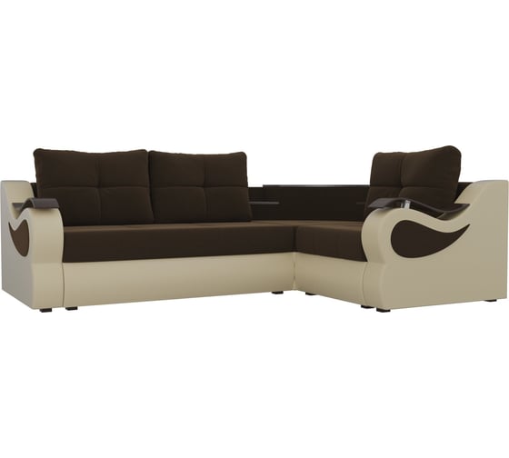 Угловой диван Лига диванов Митчелл основа микровельвет коричневый, компаньон экокожа бежевая 107559 1