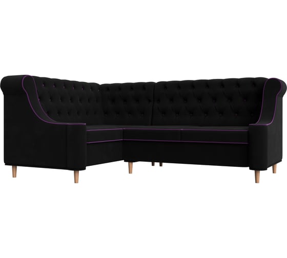 Угловой диван Лига диванов Бронкс угол левый полностью микровельвет черный, кант микровельвет фиолетовый 104579L 1