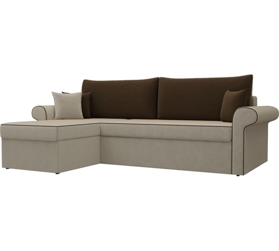 Угловой диван Лига диванов Милфорд угол левый полностью микровельвет бежевый, кант микровельвет коричневый, подушки микровельвет КОР/кор/беж 29059L 1