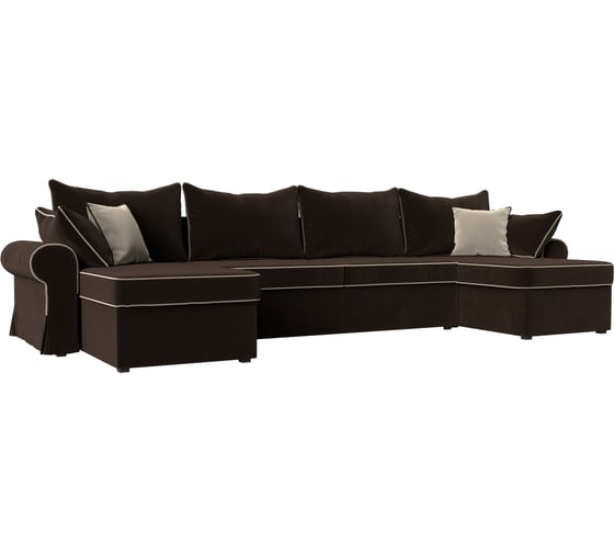 П-образный диван Лига диванов Элис полностью микровельвет коричневый, кант микровельвет бежевый, подушки микровельвет КОР/кор/беж 110289 1