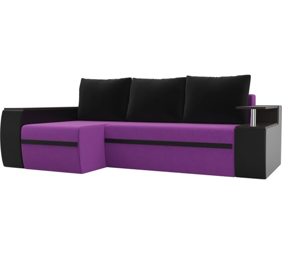 Угловой диван Лига диванов Ричмонд левый основа микровельвет фиолетовый, компаньон экокожа черная, подушки микровельвет черный 115012L 1