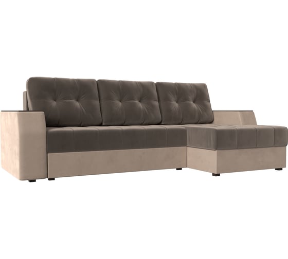 Угловой диван Лига диванов Эмир БС правый основа велюр коричневый, компаньон велюр бежевый 110440 1