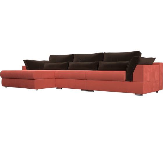 Угловой диван Лига диванов Пекин Long угол левый полностью микровельвет коралловый, подушки микровельвет коричневый 116136L 1