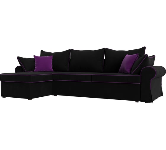 Угловой диван Лига диванов Элис левый полностью микровельвет черный, кант микровельвет фиолетовый, подушки микровельвет ЧЕРН/черн/фио 110275L 1